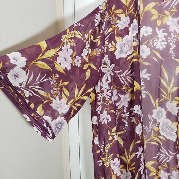 BOG Collective Purple Sheer Floral Kimono Vacation Summer Size M/L - Picture 3 of 5